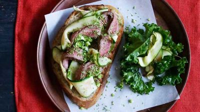 Recipe:&nbsp;<a href="http://kitchen.nine.com.au/2016/09/19/13/23/open-steak-sandwich-with-broccoli-tapenade-and-zucchini" target="_top">Open steak sandwich with broccoli tapenade and zucchini</a>