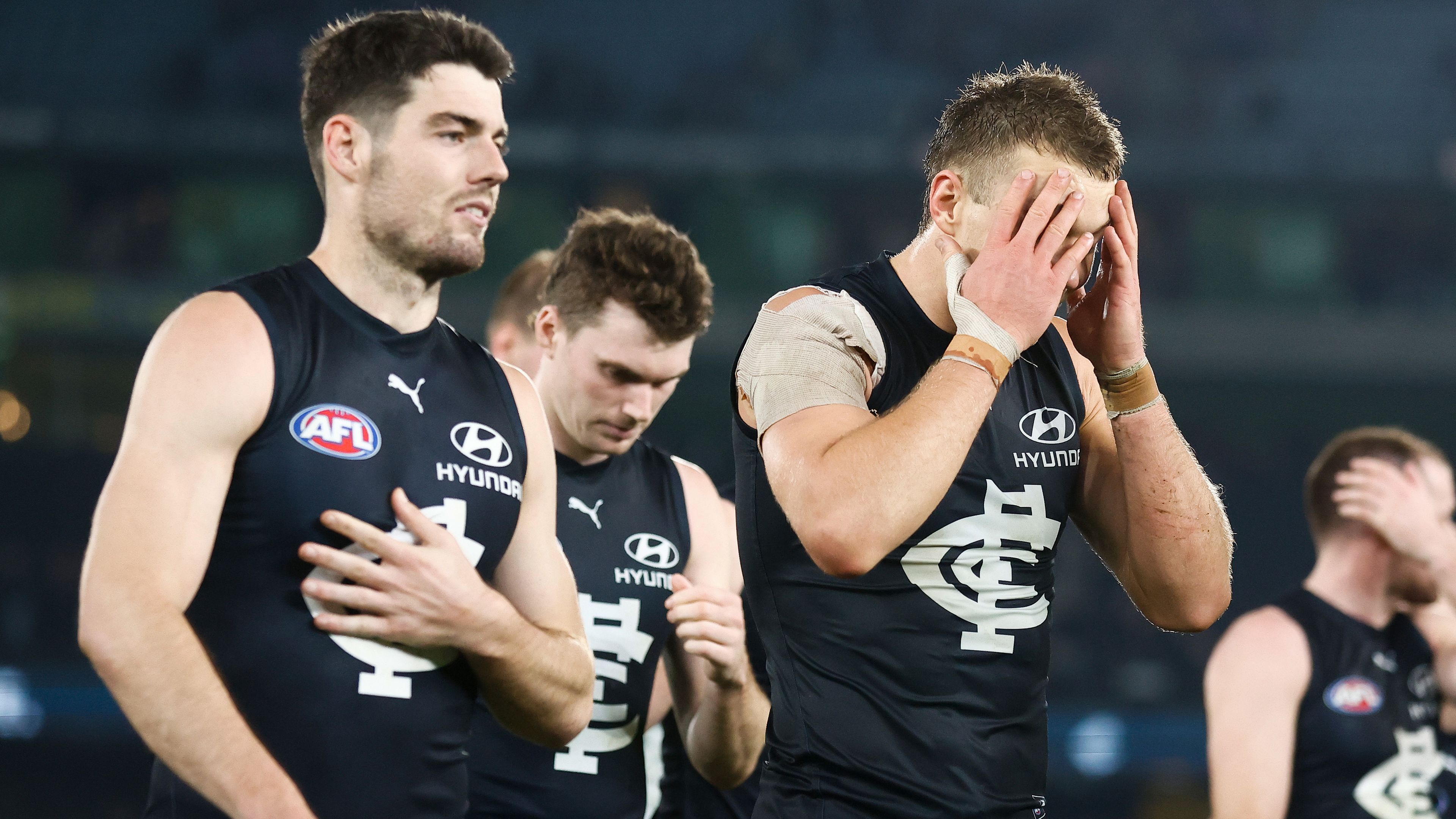 MELBOURNE, AUSTRALIA - MAY 13: Patrick Cripps of the Blues looks dejected after a loss during the 2023 AFL Round 09 match between the Carlton Blues and the Western Bulldogs at Marvel Stadium on May 13, 2023 in Melbourne, Australia. (Photo by Michael Willson/AFL Photos)