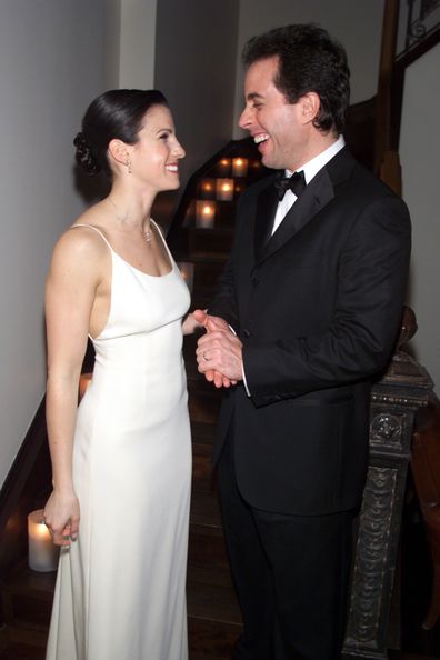 Married couple American comedian Jerry Seinfeld and Jessica Seinfeld (born Nina Sklar) after their wedding at Sky Studios, New York, New York, December 25, 1999. (Photo by KMazur/WireImage)