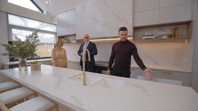Shaynna Blaze, Neale Whitaker and Darren Palmer judge Ronnie and Georgia's kitchen on The Block 2021.