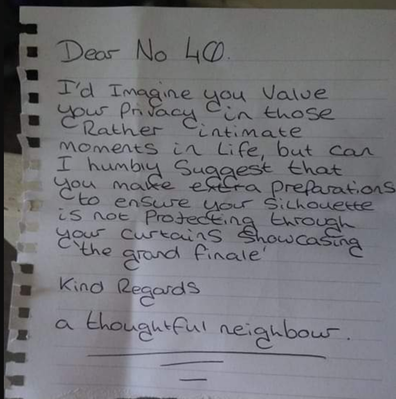 neighbour note about couples sex life