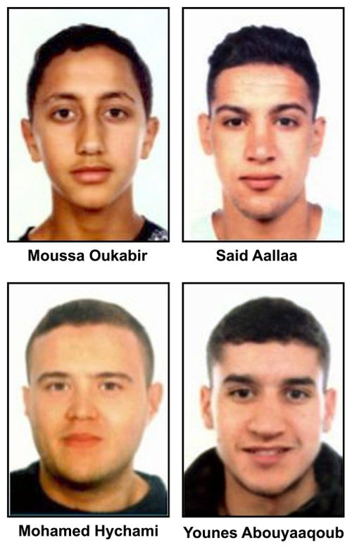 A handout composite photo made available by the Spanish Police  shows Moussa Oukabir, the suspected driver, as well as suspects Said Aallaa, Mohamed Hychami and Younes Abauyaaqoub, (AAP)