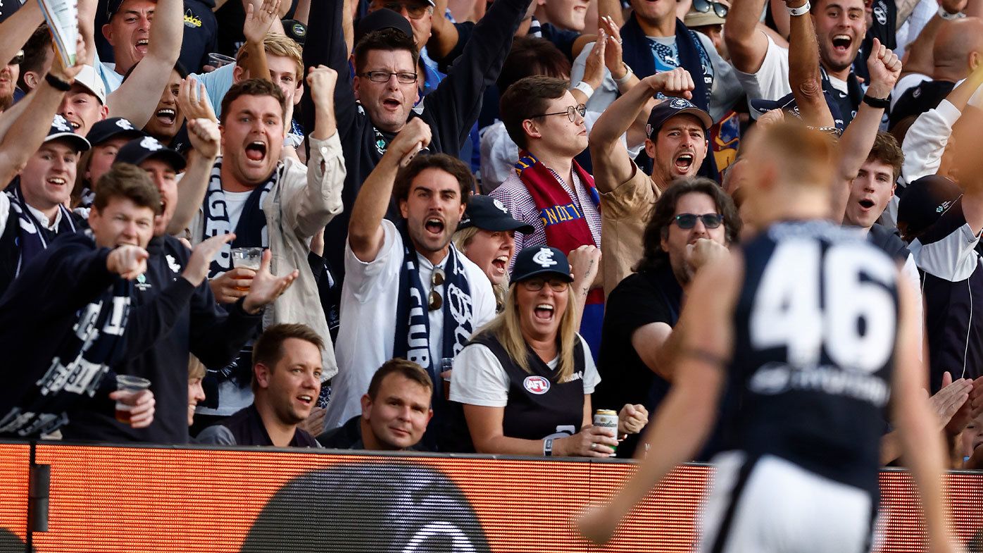 Carlton fans celebrate after Matthew Cottrell&#x27;s first goal of last year&#x27;s preliminary final in Brisbane