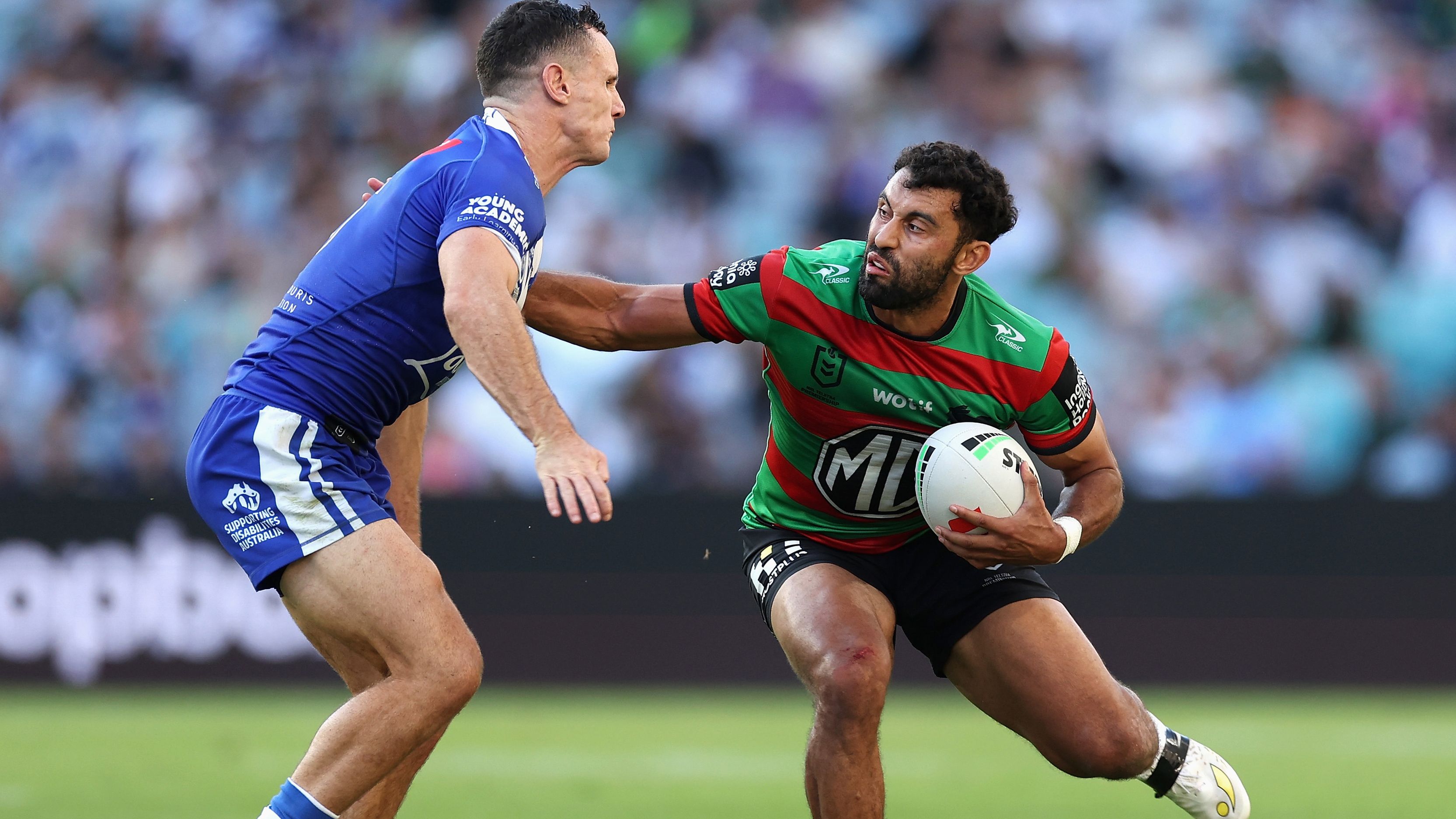 Alex Johnston is tackled during the round four NRL match between the South Sydney Rabbitohs and the Canterbury Bulldogs.
