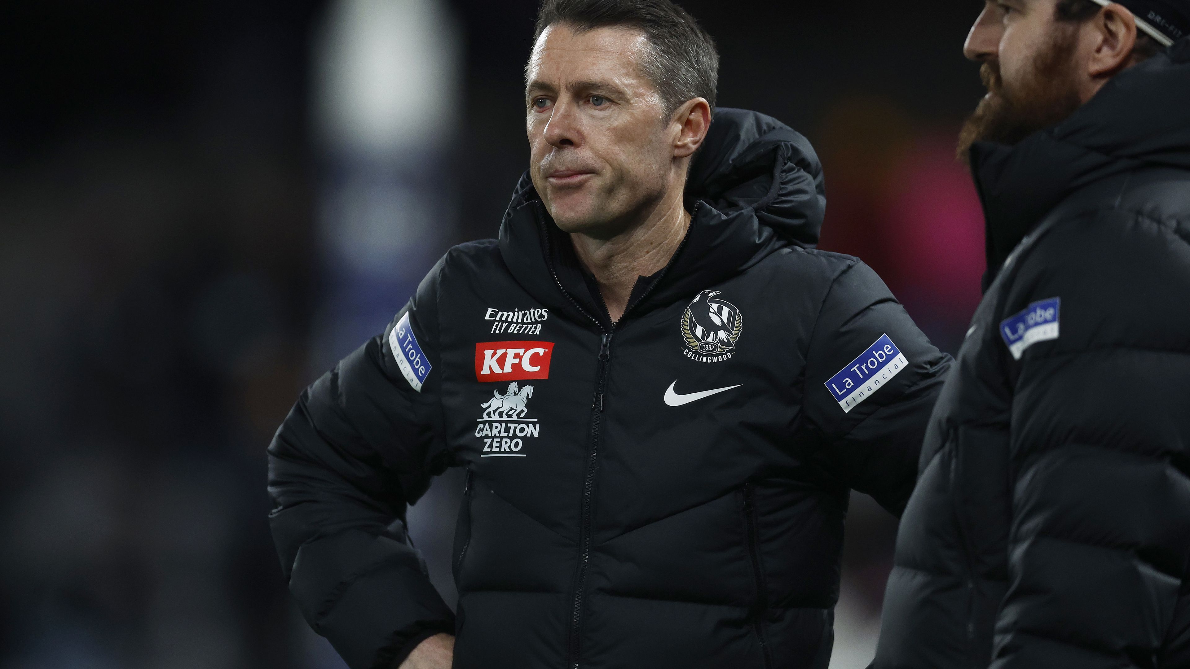 MELBOURNE, AUSTRALIA - AUGUST 18: Magpies head coach Craig McRae looks on after the round 23 AFL match between Collingwood Magpies and Brisbane Lions at Marvel Stadium, on August 18, 2023, in Melbourne, Australia. (Photo by Daniel Pockett/Getty Images)