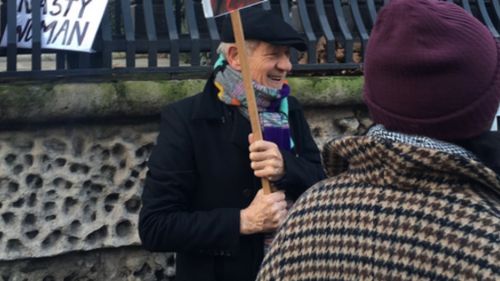 Sir Ian McKellen says it all with a picture protest sign at London Women’s March  
