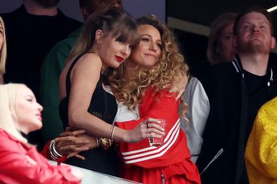 Rapper Ice Spice, Singer Taylor Swift and Actress Blake Lively hug prior to Super Bowl LVIII between the San Francisco 49ers and Kansas City Chiefs at Allegiant Stadium on February 11, 2024 in Las Vegas, Nevada. 