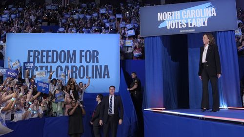 Democratic presidential nominee Vice President Kamala Harris arrives to speak at a campaign rally at East Carolina University