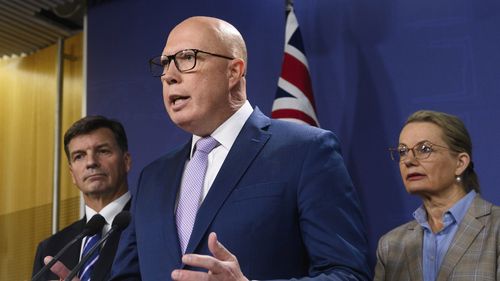 Opposition Leader Peter Dutton at a press conference with Angus Taylor and Sussan Ley.