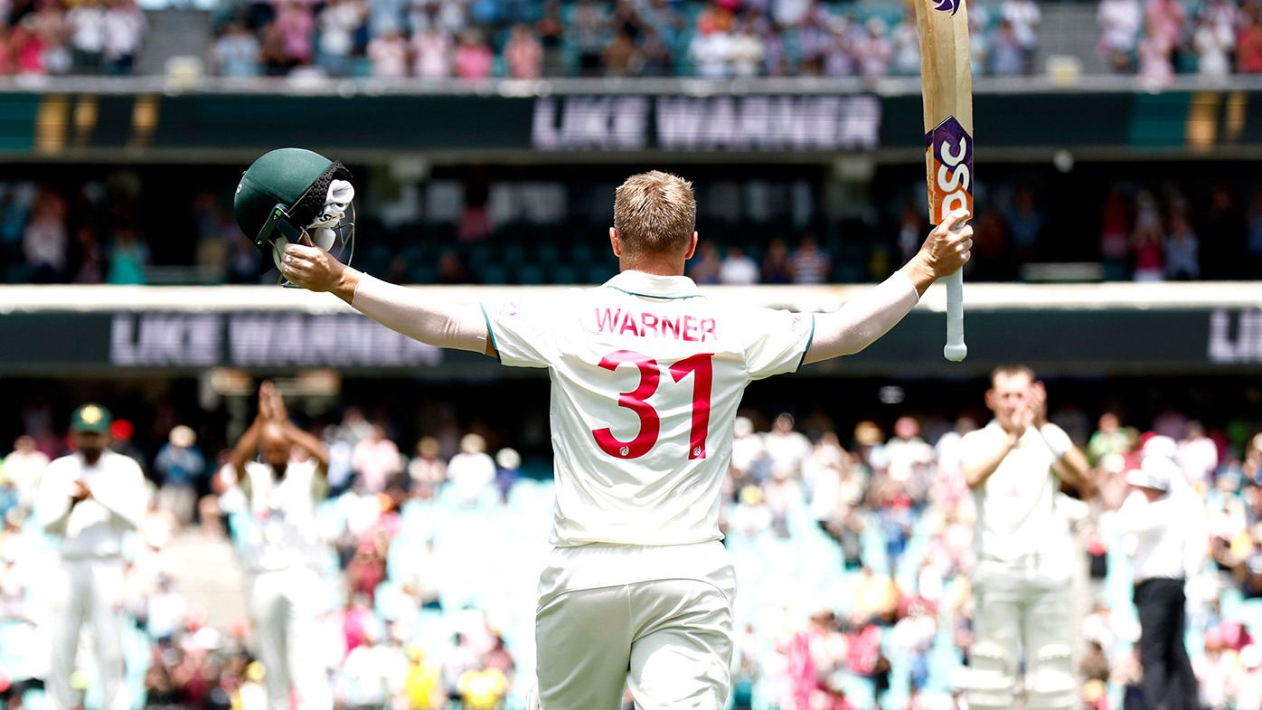 David Warner of Australia acknowledges the crowd after being dismissed by Sajid Khan of Pakistan in his final innings during day four of the Men&#x27;s Third Test Match in the series between Australia and Pakistan at Sydney Cricket Ground on January 06, 2024 in Sydney, Australia. (Photo by Darrian Traynor/Getty Images)