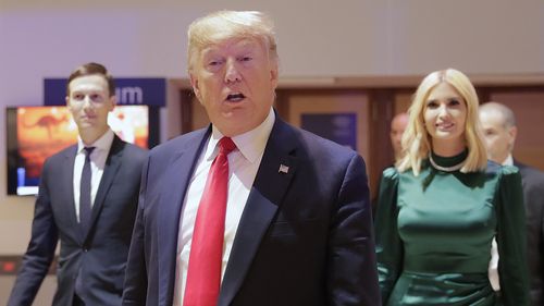 U.S. President Donald Trump, Ivanka Trump and Jared Kushner, left, leave after attemding session at the World Economic Forum in Davos, Switzerland, Tuesday, Jan. 21, 2020.