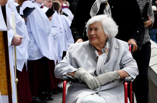 Lady Stephen arrives for the State Funeral of her husband Sir Ninian Stephen St Paul's Cathedral in Melbourne. (AAP)