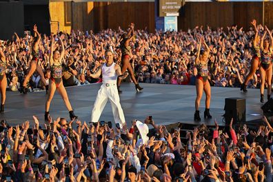 Robbie Williams performs on stage at BST Hyde Park July 6, 2024 