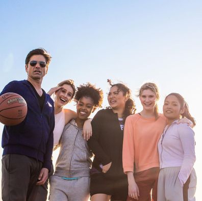 John Stamos, Big Shot, interview, Disney Plus, Jimmy Kimmel Live, 2016, with co-stars Tisha Custodio, Nell Verlaque, Cricket Wampler, Tiana Le and Monique A. Green.