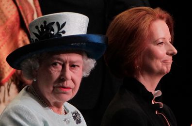 Her Majesty The Queen accompanied by Australian Prime Minister Julia Gillard pose for a group photo with Commonwealth leaders at CHOGM 2011 in Perth.