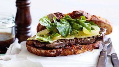 Recipe: <a href="http://kitchen.nine.com.au/2016/05/17/10/30/ploughmans-steak-sandwich" target="_top">Ploughman's steak sandwich</a>