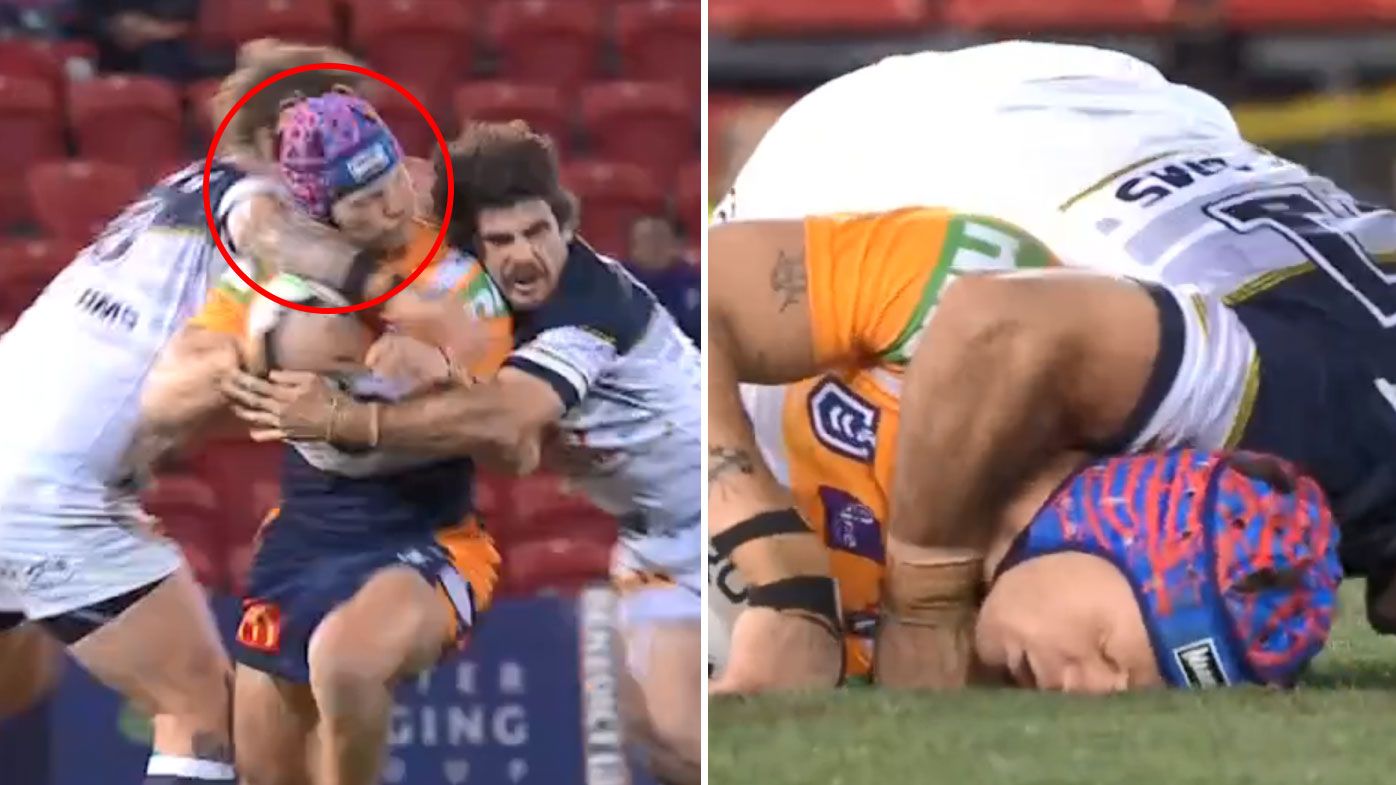 McGuire catches Ponga with &#x27;coat hanger&#x27; style tackle. (Nine)
