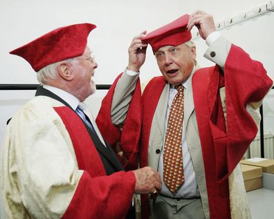 Lord Richard Attenborough and Sir David Attenborough before they are awarded the title of Distinguished Honorary Fellowships from the University of Leicester at De Montfort Hall on July 13, 2006 in Leicester, England. 