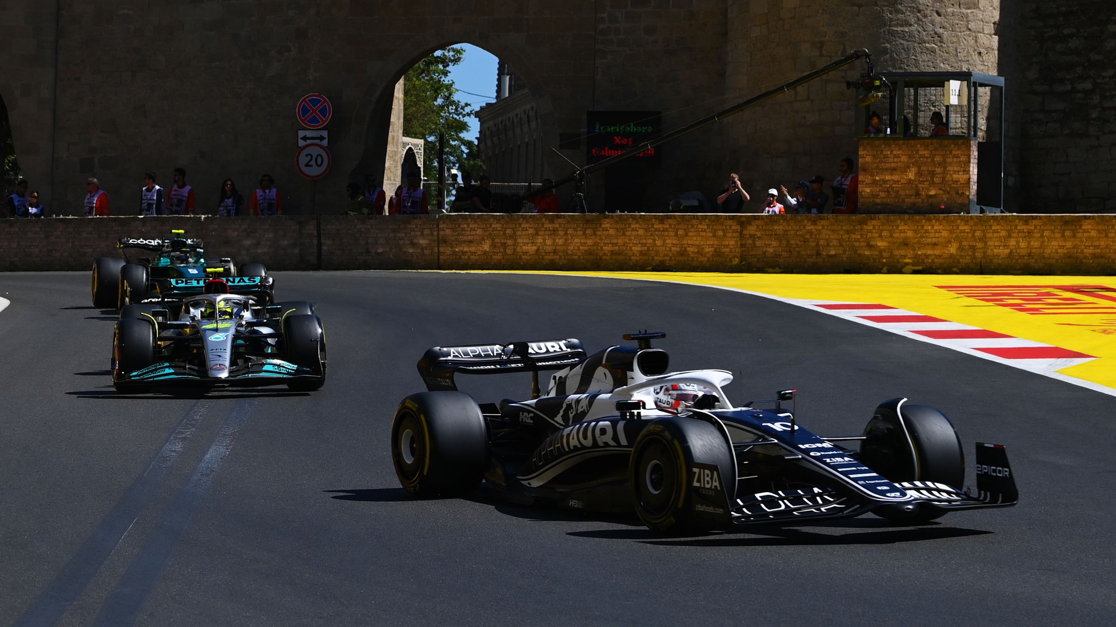 Pierre Gasly leads Lewis Hamilton during the Azerbaijan Grand Prix.