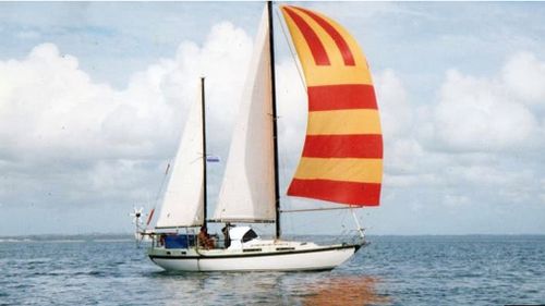 Keith Jones, 65, left Hervey Bay Marina a week ago on this boat without telling anyone where he was going. Yesterday, it washed up unattended on rocks at Yamba, NSW - more than 550km away (Supplied).