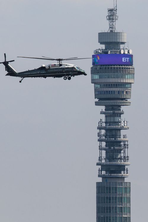 The Marine One helicopter carrying US President Donald Trump and First Lady Melania Trump flies past the BT Tower before landing at Winfield House. Picture: Getty