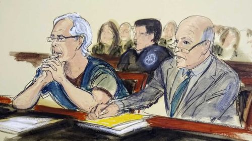 A courtroom sketch shows billionaire sex criminal Jeffrey Epstein in a New York court.