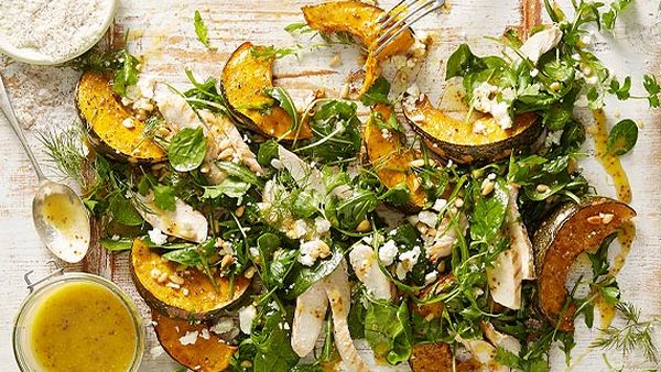 Roast pumpkin, chicken and honey mustard salad