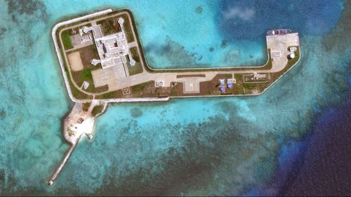  DigitalGlobe overview imagery of one of the Hughes Reefs. The Hughes Reef is located in the Union banks area within the Spratly group of islands in the South China Sea.