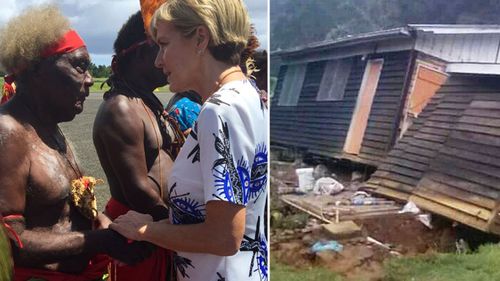 Foreign Minister Julie Bishop with New Ireland Province local (left) and a house that collapsed in a strong earthquake. (Instagram/Jerol Wepii via AP)