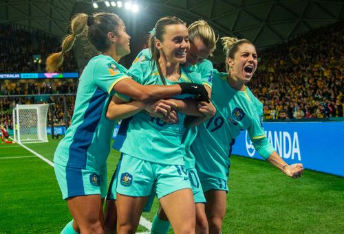 MELBOURNE, AUSTRALIA - JULY 31: Hayley Raso of Australia celebrates her 2nd goal during the FIFA Women's World Cup Australia & New Zealand 2023 Group B match between Canada and Australia at Melbourne Rectangular Stadium on July 31, 2023 in Melbourne, Australia. (Photo by Will Murray/Getty Images)