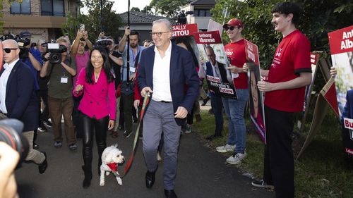 Prime Minister Anthony Albanese during a visit to a polling booth at Five Dock Public School, in Five Dock, NSW, on Saturday 3 May, during the 2025 federal election campaign.