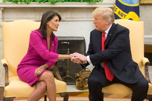 "She's done a fantastic job," Donald Trump said, while sitting next to Ambassador Haley.