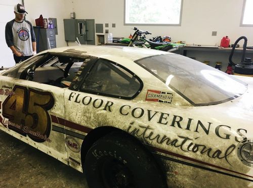 The shell of Tyler Tanner's destroyed race car. (Facebook/Tyler Tanner Motorsports)