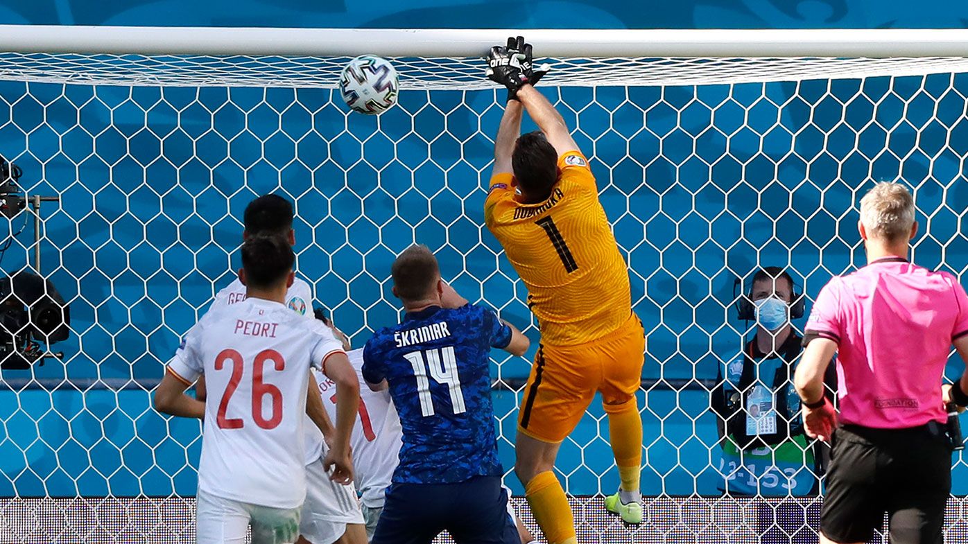 Martin Dubravka of Slovakia scores an own goal during the UEFA Euro 2020 Championship Group E match between Slovakia and Spain.