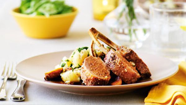 Roast rack of lamb with crushed potatoes and caramelised garlic