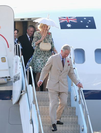 Camilla, Duchess of Cornwall and Prince Charles, Prince of Wales disembark the royal plane on November 5, 2012 in Longreach, Australia. The Royal couple are in Australia on the second leg of a Diamond Jubilee Tour taking in Papua New Guinea, Australia and New Zealand.