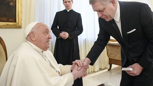 Pope Francis meets with Czech Republic's Prime Minister Robert Fico, right, at The Vatican Friday, Feb. 14, 2025. (Vatican Media via AP, HO)