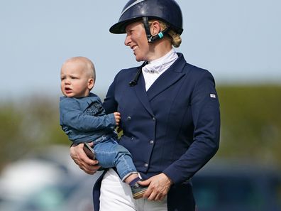 Zara Tindall with her son Lucas at the Barefoot Retreats Burnham Market International Horse Trials in Norfolk. Picture date: Thursday April 14, 2022. (Photo by Joe Giddens/PA Images via Getty Images)