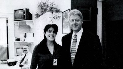 A photograph showing former White House intern Monica Lewinsky meeting President Bill Clinton at a White House function.