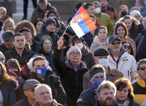 Supporters of Serbia's Novak Djokovic protest in Belgrade, Serbia, Friday, Jan. 7, 2022. 