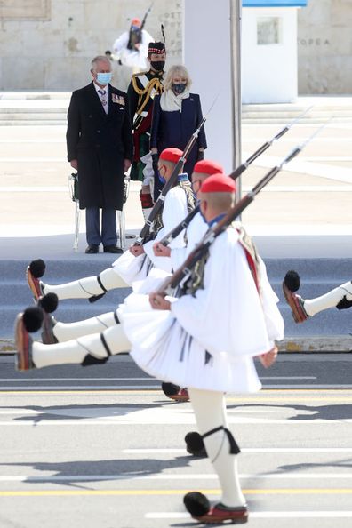 Prince Charles, Prince of Wales and Camilla, Duchess of Cornwall attend the Greek Independence Day Military Parade at Syntagma Square on March 25, 2021 in Athens, Greece.