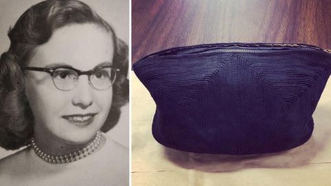 A school photo of Martha Everett (then Martha Ina Ingham) and the purse she lost in the 1950s.