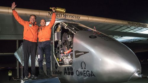 The two men successfully arrived in California after a 62-hour flight over the Pacific. (Jean Revillard/AFP)