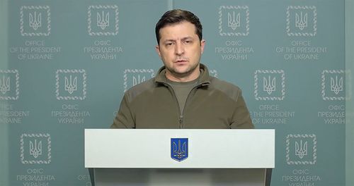 Ukrainian President Volodymyr Zelenskyy speaks in a Facebook video on February 25.