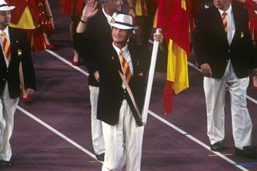 Prince Felipe of Spain carrying the Spanish flag at the Olympic Games in Barcelona, 1992.