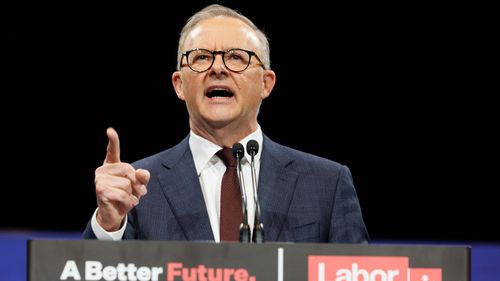 Opposition Leader Anthony Albanese during the Labor Campaign Rally at the Howard Smith Wharves in Brisbane, Queensland, on Sunday 15 May 2022. ausvotes22 fedpol Photo: Alex Ellinghausen