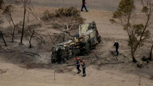 The burnt out shell of a vehicle used by travellers attempting to save a horse.