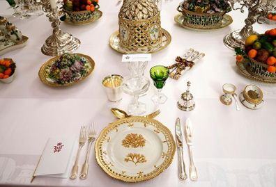 The table setting for the surprise dinner thrown by Crown Prince Frederik and Princess Mary for Queen Margrethe's golden jubilee.