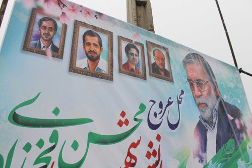 Fakhrizadeh depicted with four other Iranian nuclear scientists - from left: Majid Shahriari, Mostafa Ahmadi Roshan, Dariush Rezaei-Nejad, Massoud Ali Mohammadi - who Tehran says have been assassinated previously.