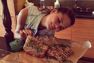 @chrissyteigen: Making racks of lamb brings me to a happy place. One of my favorite things to do. It is painfully easy and so effing tasty. Rub with a s--t ton of oil chopped garlic, pepper, rosemary and a litttttle bit of light soy sauce (don't need soy but I love it) - let it sit in your fridge for a few hours and cool how you want!<br/><br/>I will do a light sear in a hot cast iron pan on the stove top, all sides, then toss in a 400 degree oven til it's where I want it (I like it rarrrrrre) OHHH baby. Please make lamb more, people. It makes you seem fancy when you're really just a lazy trashbag xx